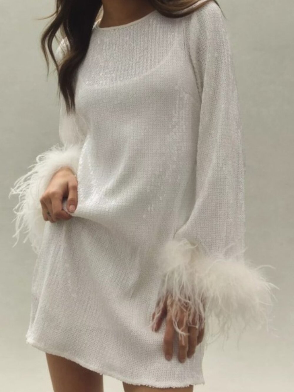 Hutch Alissa Faux Feather Sequin Mini Dress in Ivory